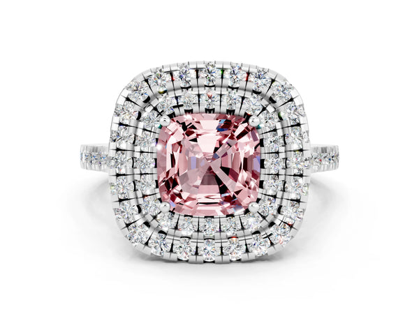 White gold Double Halo Cushion Cut Morganite Pavé Band with Four-Prong Setting