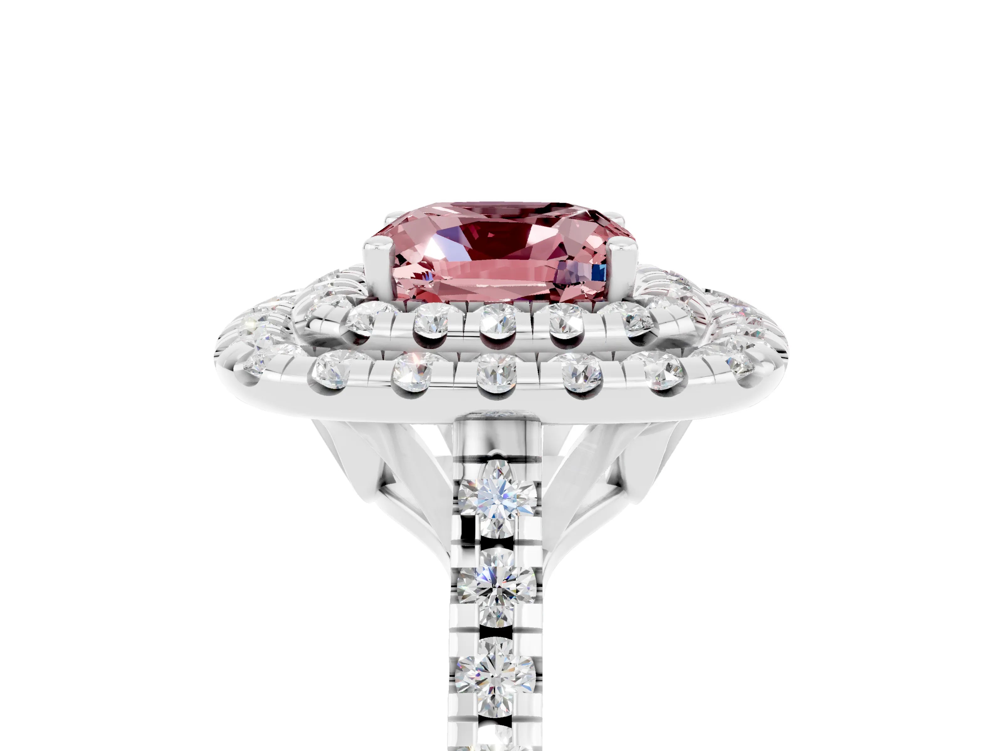 White gold Double Halo Cushion Cut Morganite Pavé Band with Four-Prong Setting_5