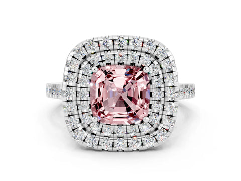 White gold Double Halo Cushion Cut Morganite Pavé Band with Four-Prong Setting