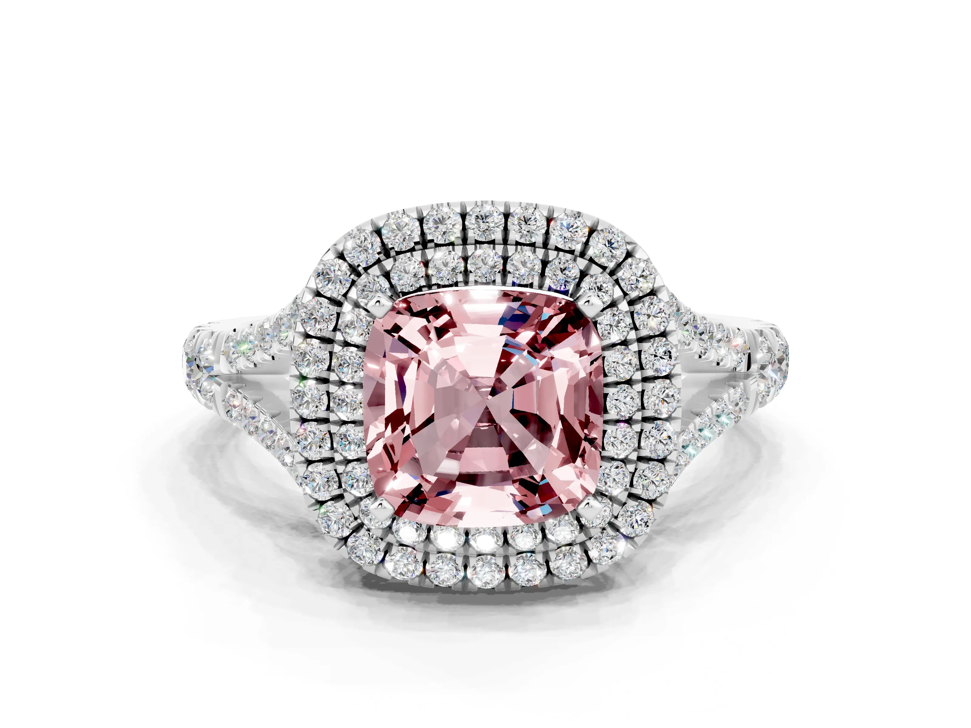 White gold Double Halo Cushion Cut Morganite Pavé Split Shank Ring with Prong Setting