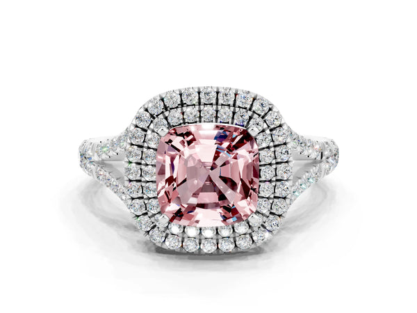 Platinum Double Halo Cushion Cut Morganite Pavé Split Shank Ring with Prong Setting