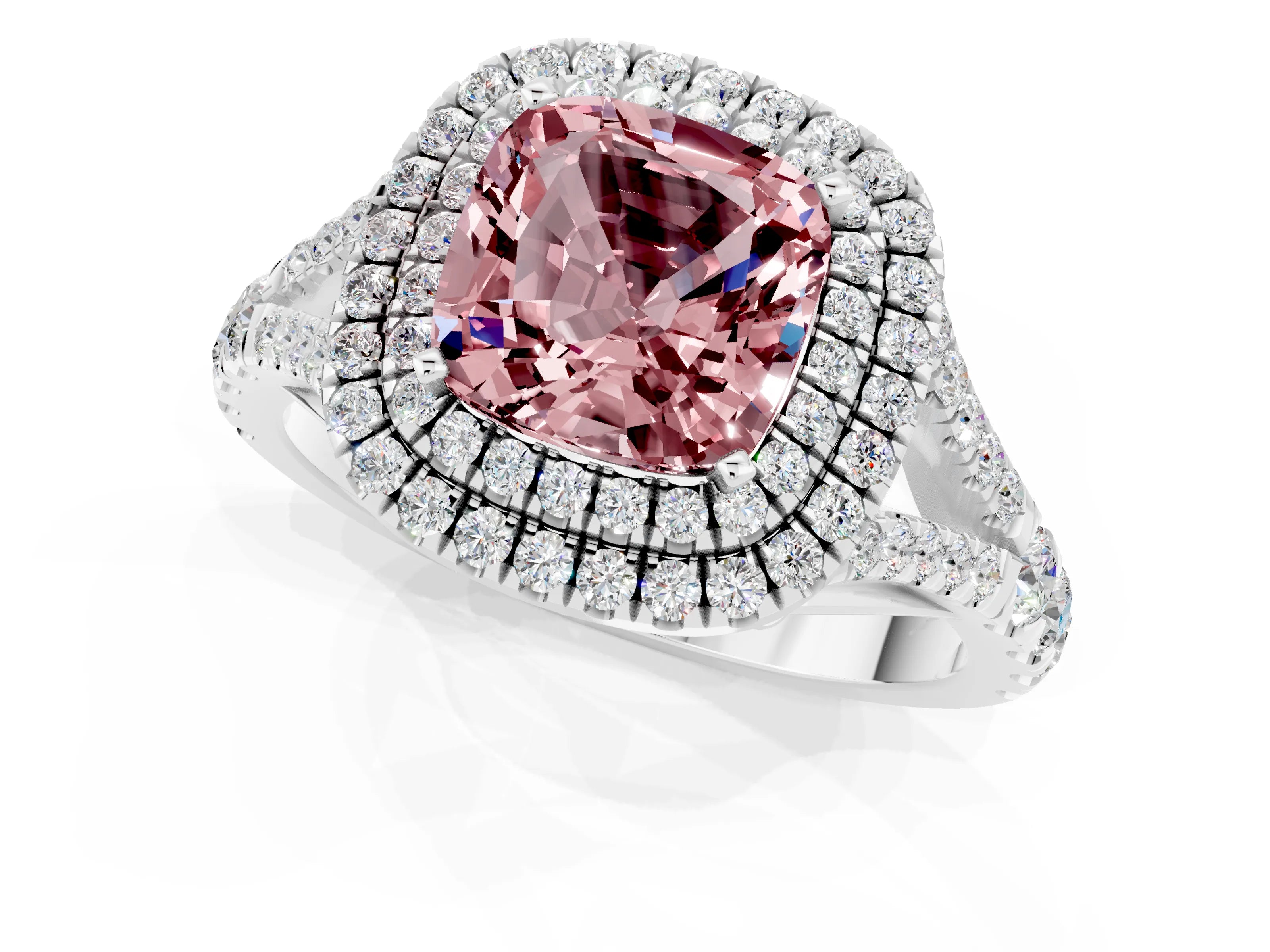 White gold Double Halo Cushion Cut Morganite Pavé Split Shank Ring with Prong Setting_1