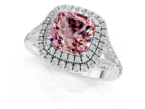 White gold Double Halo Cushion Cut Morganite Pavé Split Shank Ring with Prong Setting_1