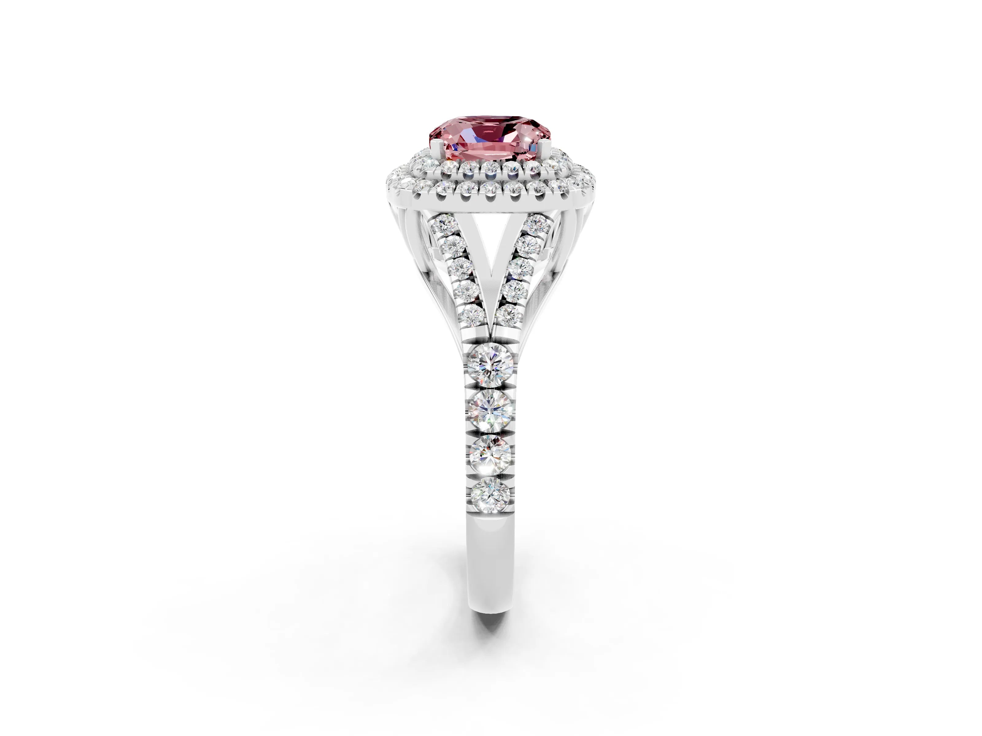 White gold Double Halo Cushion Cut Morganite Pavé Split Shank Ring with Prong Setting_2