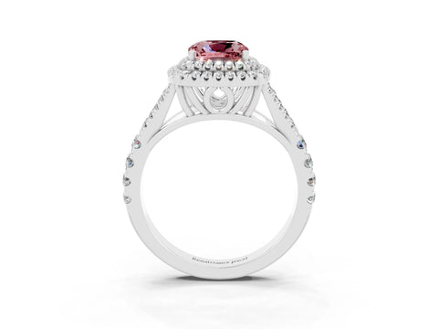 White gold Double Halo Cushion Cut Morganite Pavé Split Shank Ring with Prong Setting_3