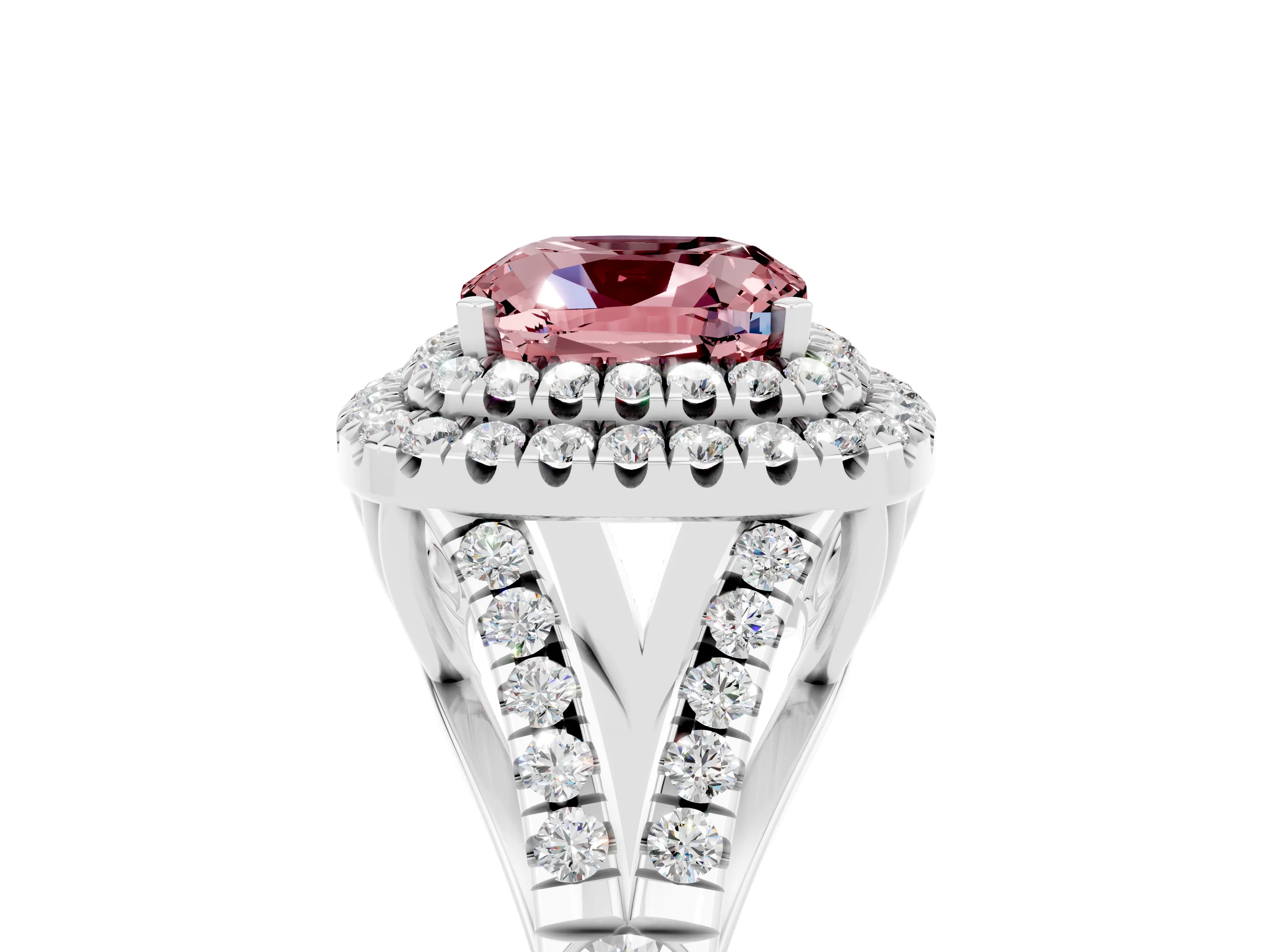 White gold Double Halo Cushion Cut Morganite Pavé Split Shank Ring with Prong Setting_5