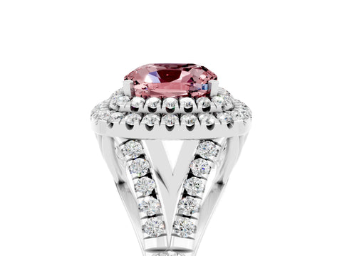 White gold Double Halo Cushion Cut Morganite Pavé Split Shank Ring with Prong Setting_5