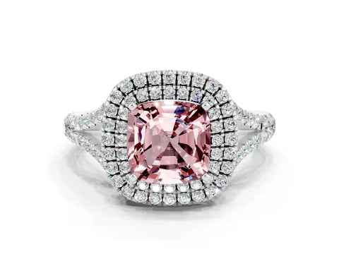 White gold Double Halo Cushion Cut Morganite Pavé Split Shank Ring with Prong Setting
