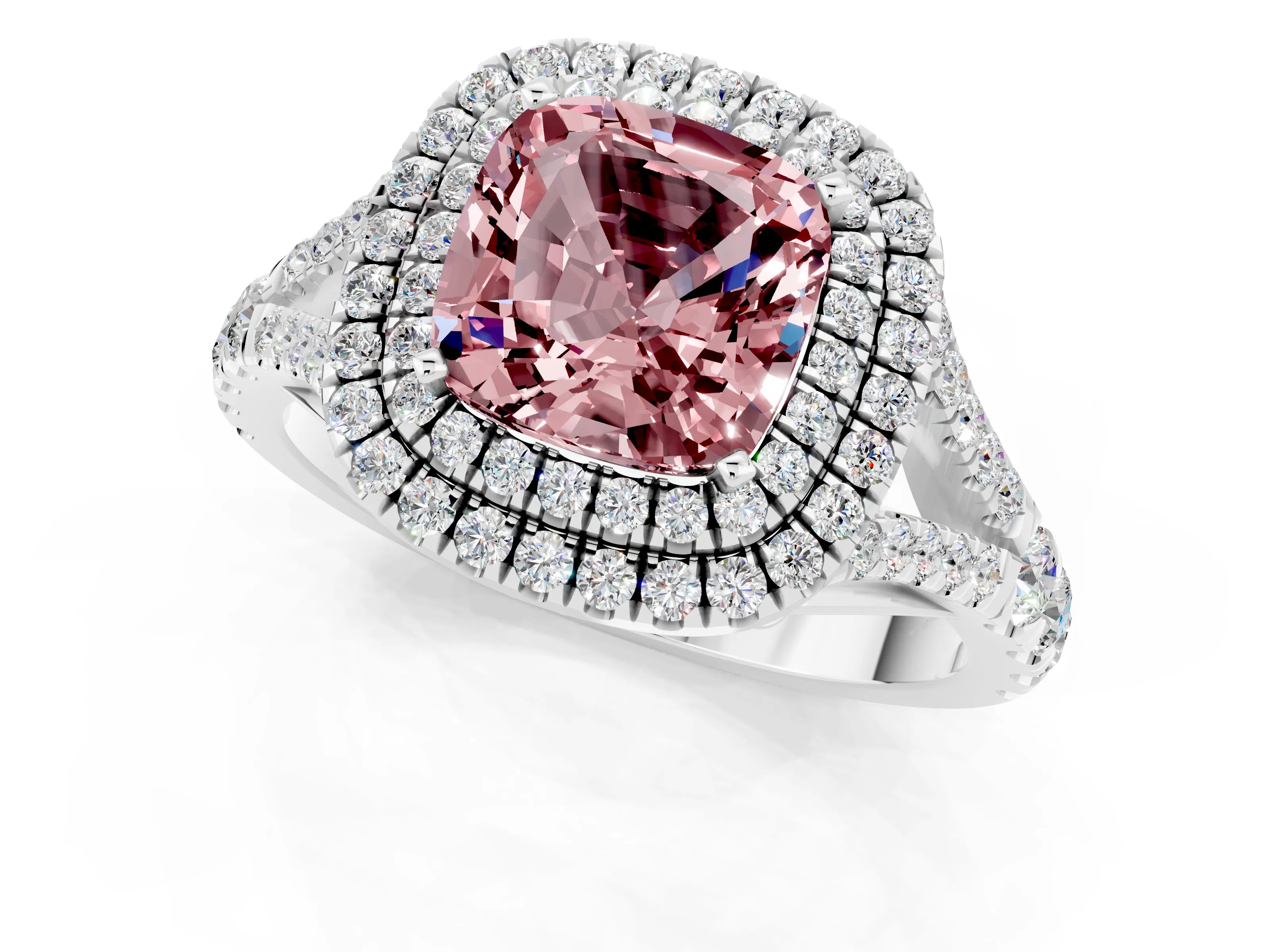 White gold Double Halo Cushion Cut Morganite Split Shank Engagement Ring with Four-Prong Setting_1