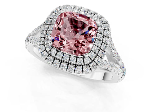 White gold Double Halo Cushion Cut Morganite Split Shank Engagement Ring with Four-Prong Setting_1