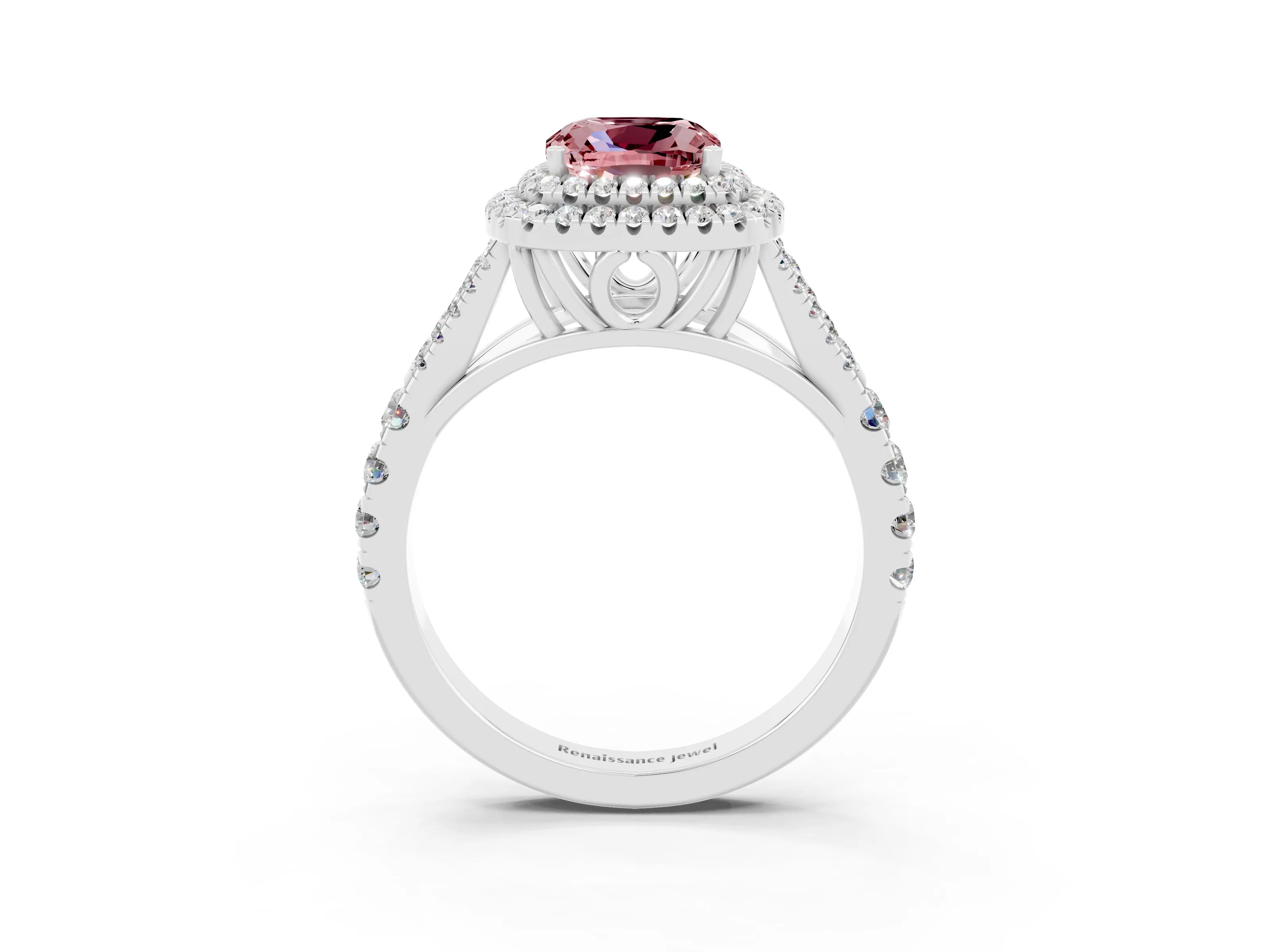 White gold Double Halo Cushion Cut Morganite Split Shank Engagement Ring with Four-Prong Setting_3