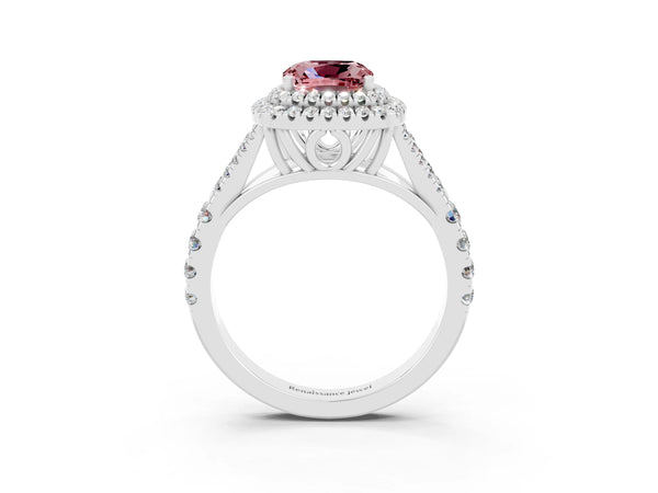 Silver Double Halo Cushion Cut Morganite Split Shank Engagement Ring with Four-Prong Setting