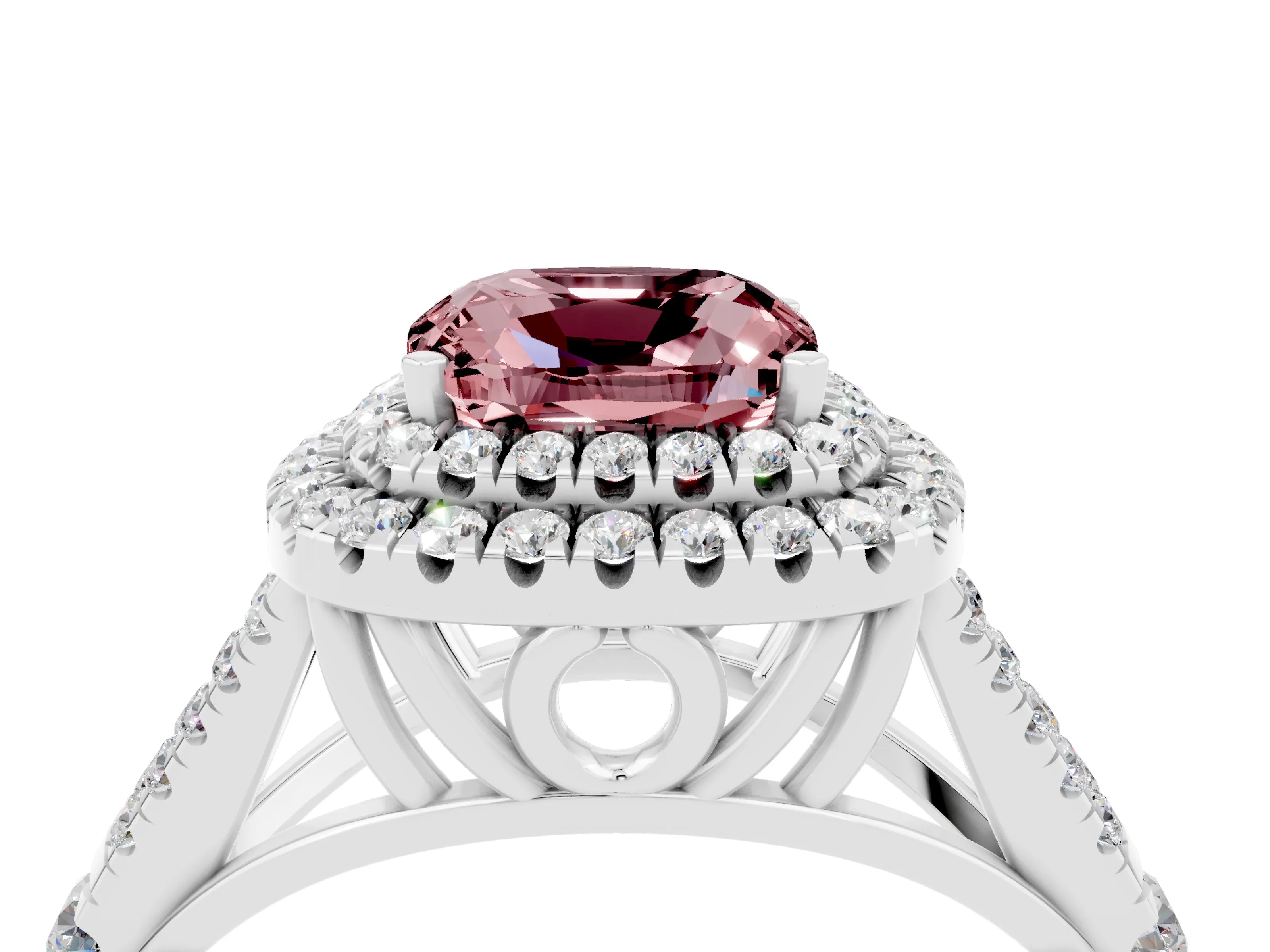 White gold Double Halo Cushion Cut Morganite Split Shank Engagement Ring with Four-Prong Setting_4