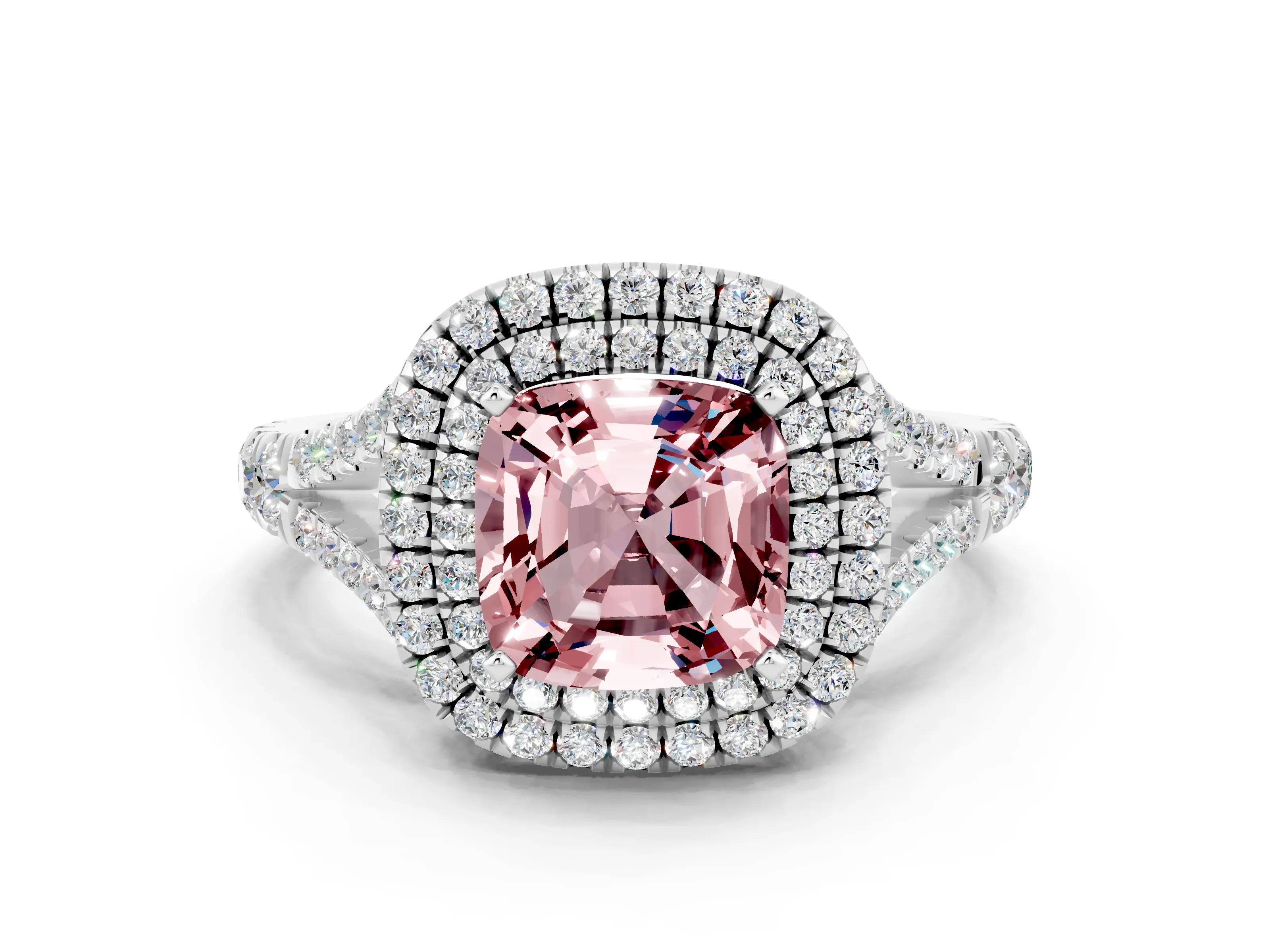 White gold Double Halo Cushion Cut Morganite Split Shank Engagement Ring with Four-Prong Setting