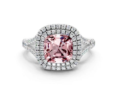 White gold Double Halo Cushion Cut Morganite Split Shank Engagement Ring with Four-Prong Setting