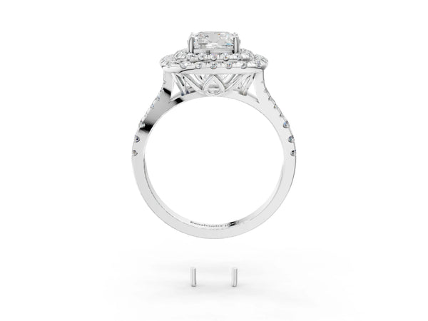 Sterling Silver Cushion Cut Halo Pave Split Shank Engagement Ring Setting