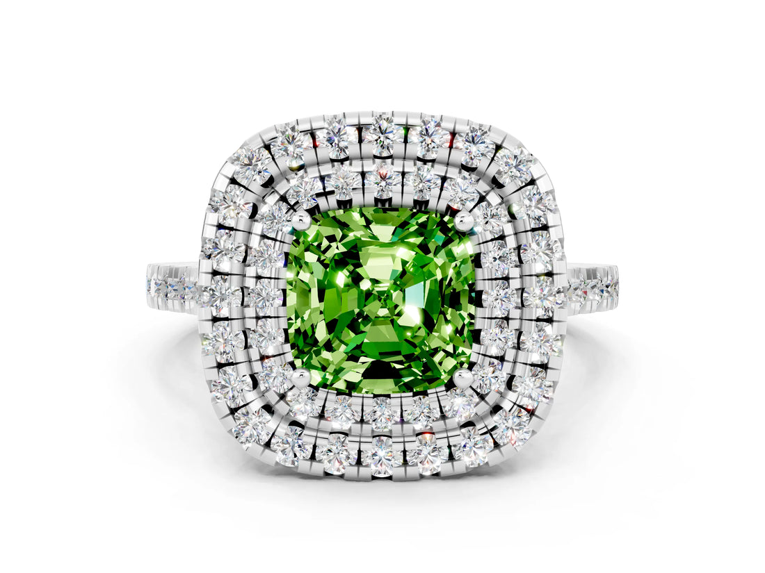 White gold Double Halo Cushion Cut Peridot Pavé Band with Four-Prong Setting