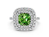 White gold Double Halo Cushion Cut Peridot Pavé Band with Four-Prong Setting