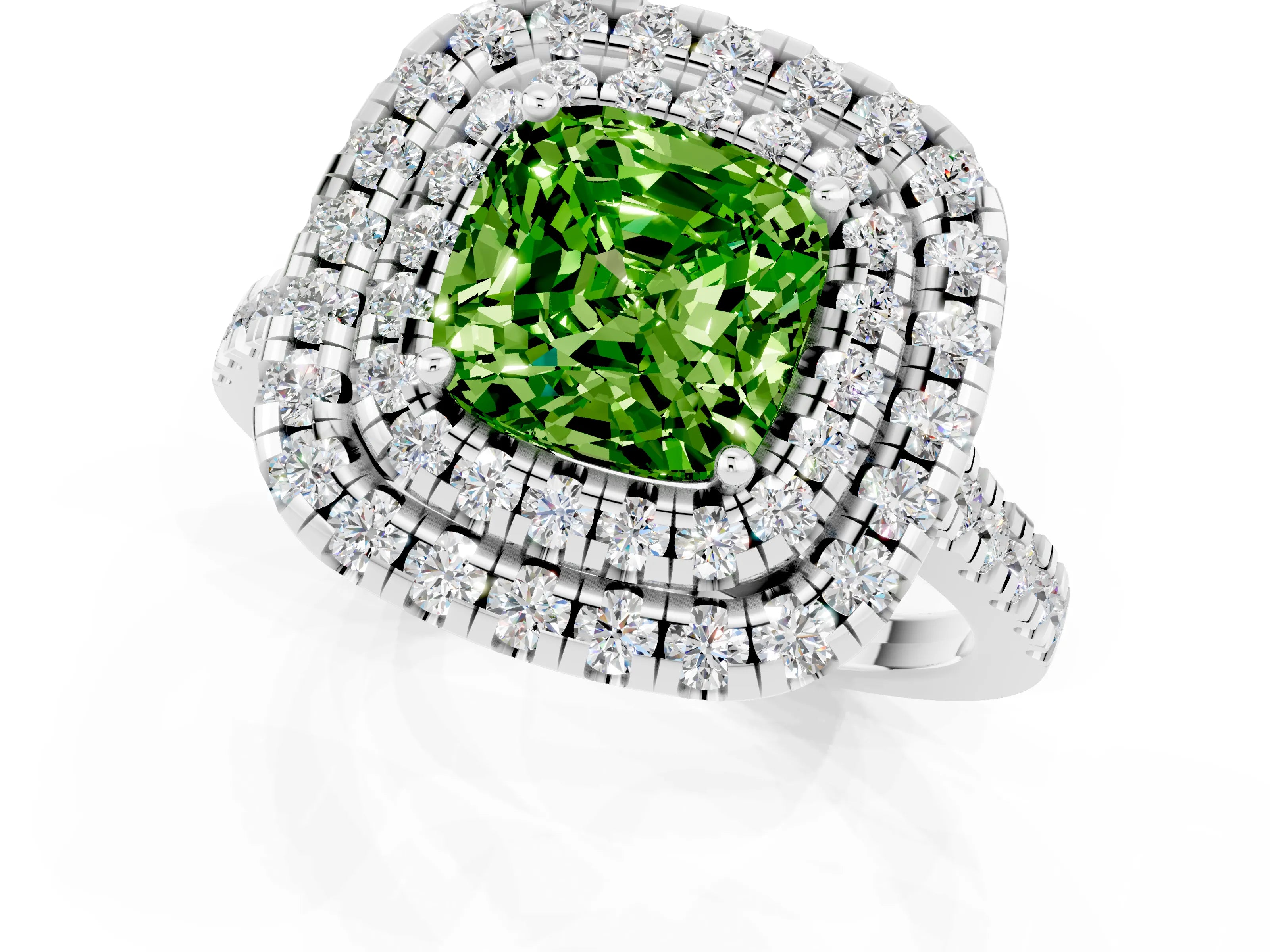 White gold Double Halo Cushion Cut Peridot Pavé Band with Four-Prong Setting_1