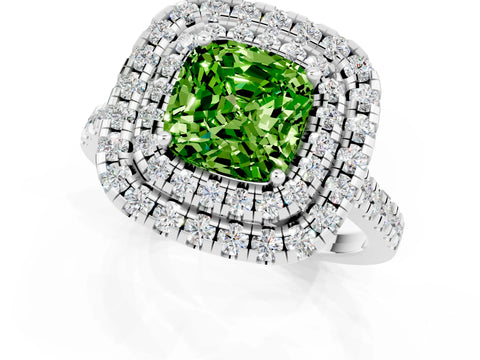 White gold Double Halo Cushion Cut Peridot Pavé Band with Four-Prong Setting_1