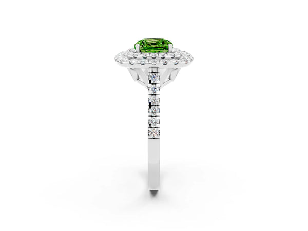 Silver Double Halo Cushion Cut Peridot Pavé Band with Four-Prong Setting