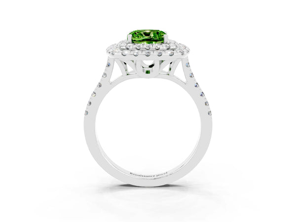 Platinum Double Halo Cushion Cut Peridot Pavé Band with Four-Prong Setting