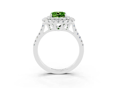 White gold Double Halo Cushion Cut Peridot Pavé Band with Four-Prong Setting_3