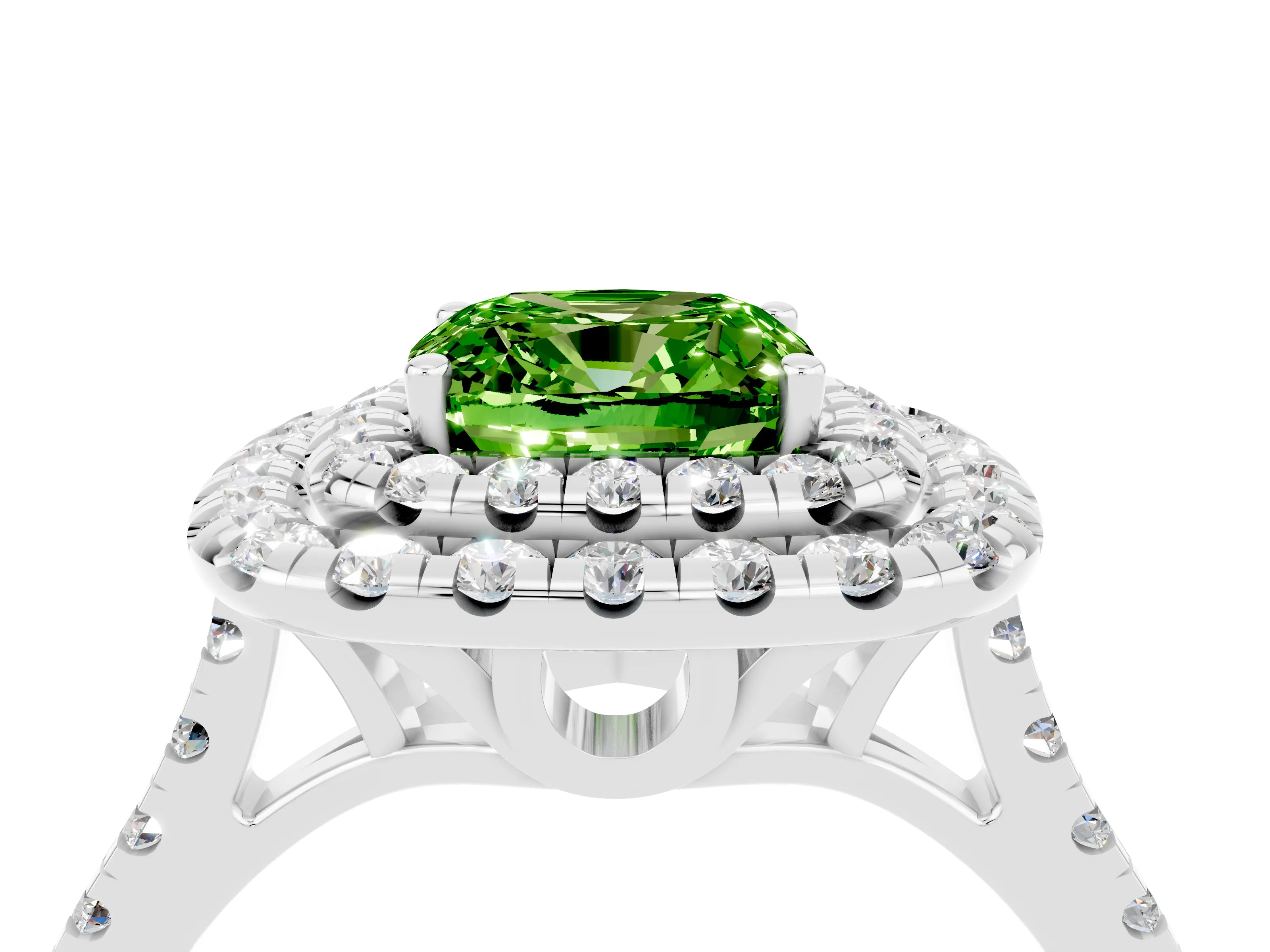 White gold Double Halo Cushion Cut Peridot Pavé Band with Four-Prong Setting_4