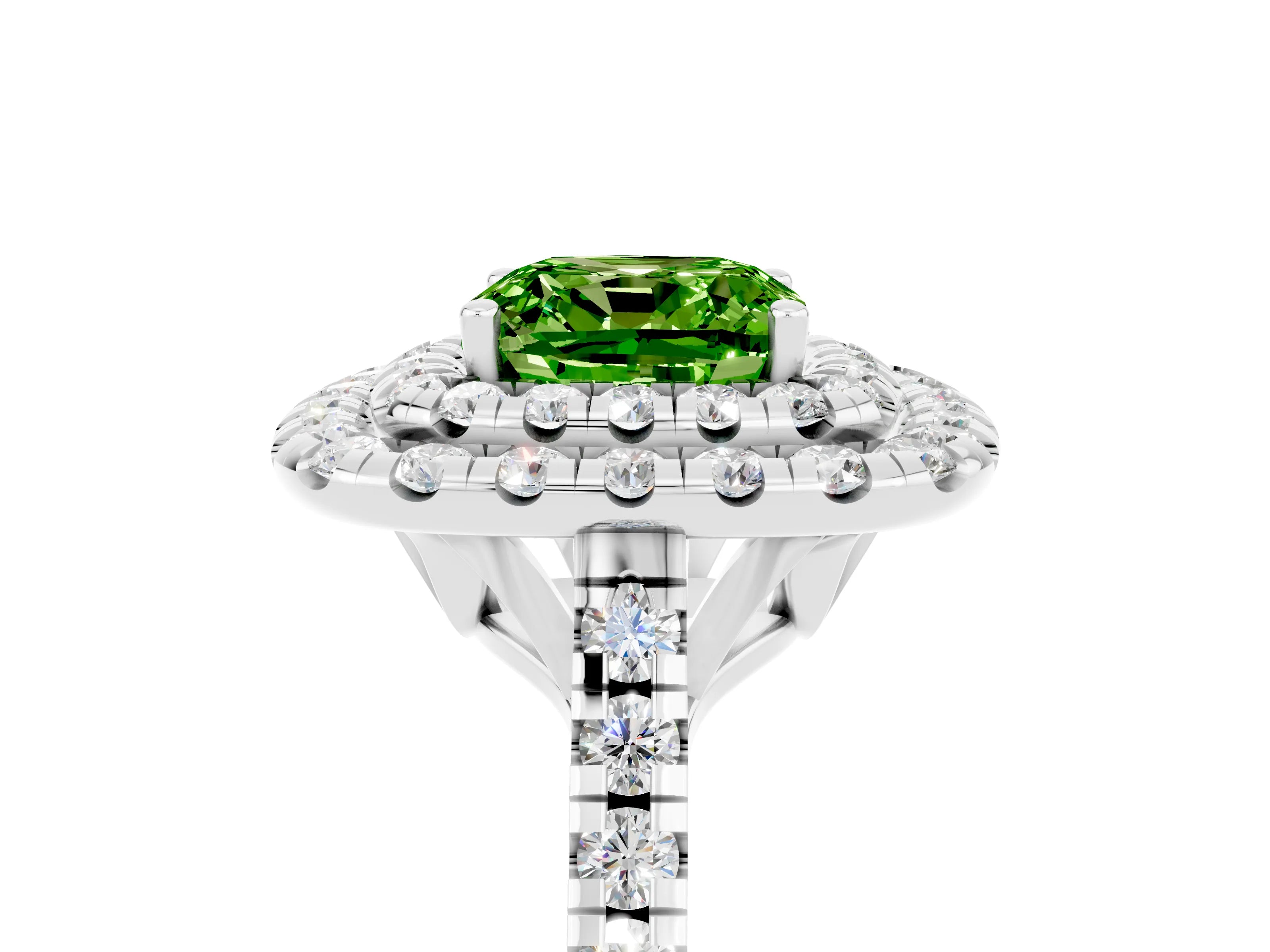 White gold Double Halo Cushion Cut Peridot Pavé Band with Four-Prong Setting_5