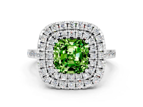 White gold Double Halo Cushion Cut Peridot Pavé Band with Four-Prong Setting