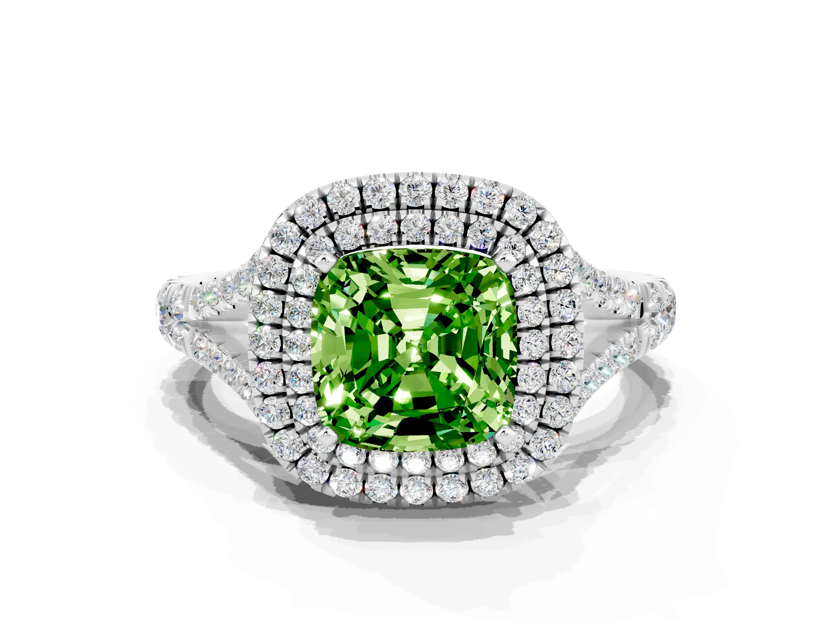 White gold Double Halo Cushion Cut Peridot Pavé Split Shank Ring with Prong Setting