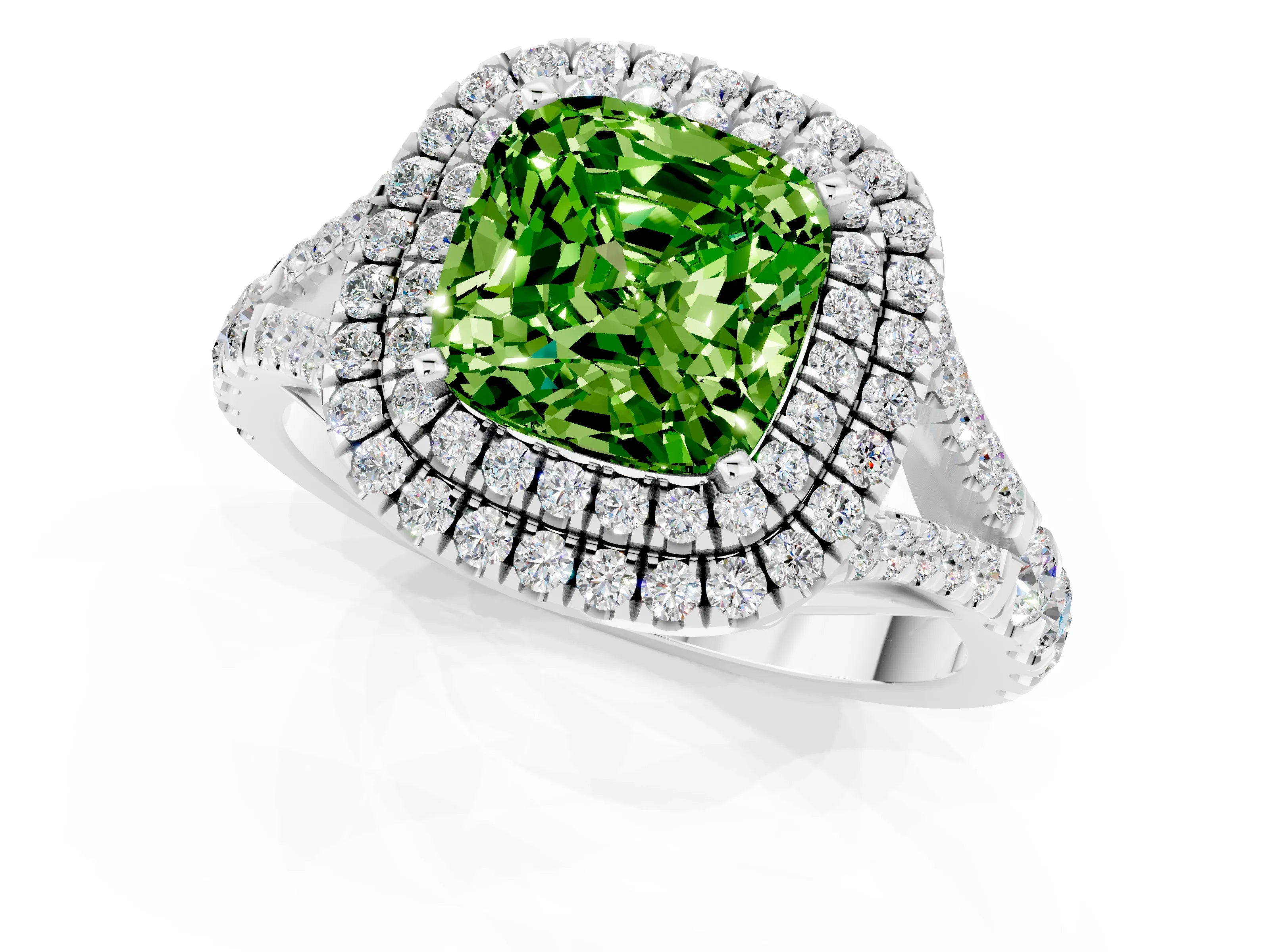 White gold Double Halo Cushion Cut Peridot Pavé Split Shank Ring with Prong Setting_1