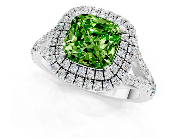 White gold Double Halo Cushion Cut Peridot Pavé Split Shank Ring with Prong Setting
