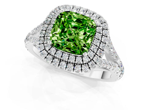 White gold Double Halo Cushion Cut Peridot Pavé Split Shank Ring with Prong Setting_1