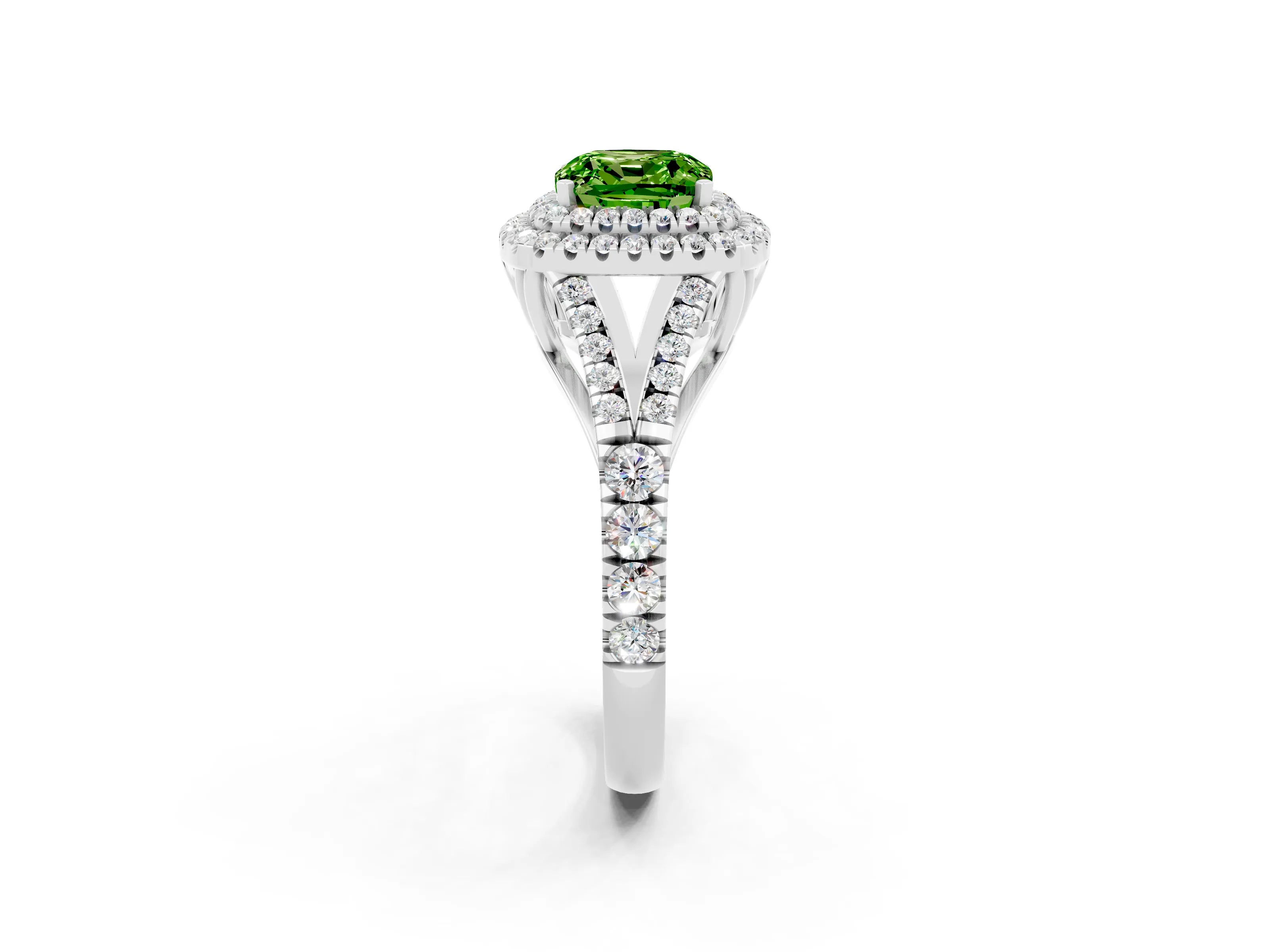 White gold Double Halo Cushion Cut Peridot Pavé Split Shank Ring with Prong Setting_2