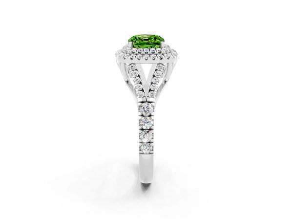 Platinum Double Halo Cushion Cut Peridot Pavé Split Shank Ring with Prong Setting
