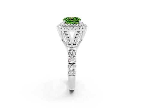 White gold Double Halo Cushion Cut Peridot Pavé Split Shank Ring with Prong Setting_2
