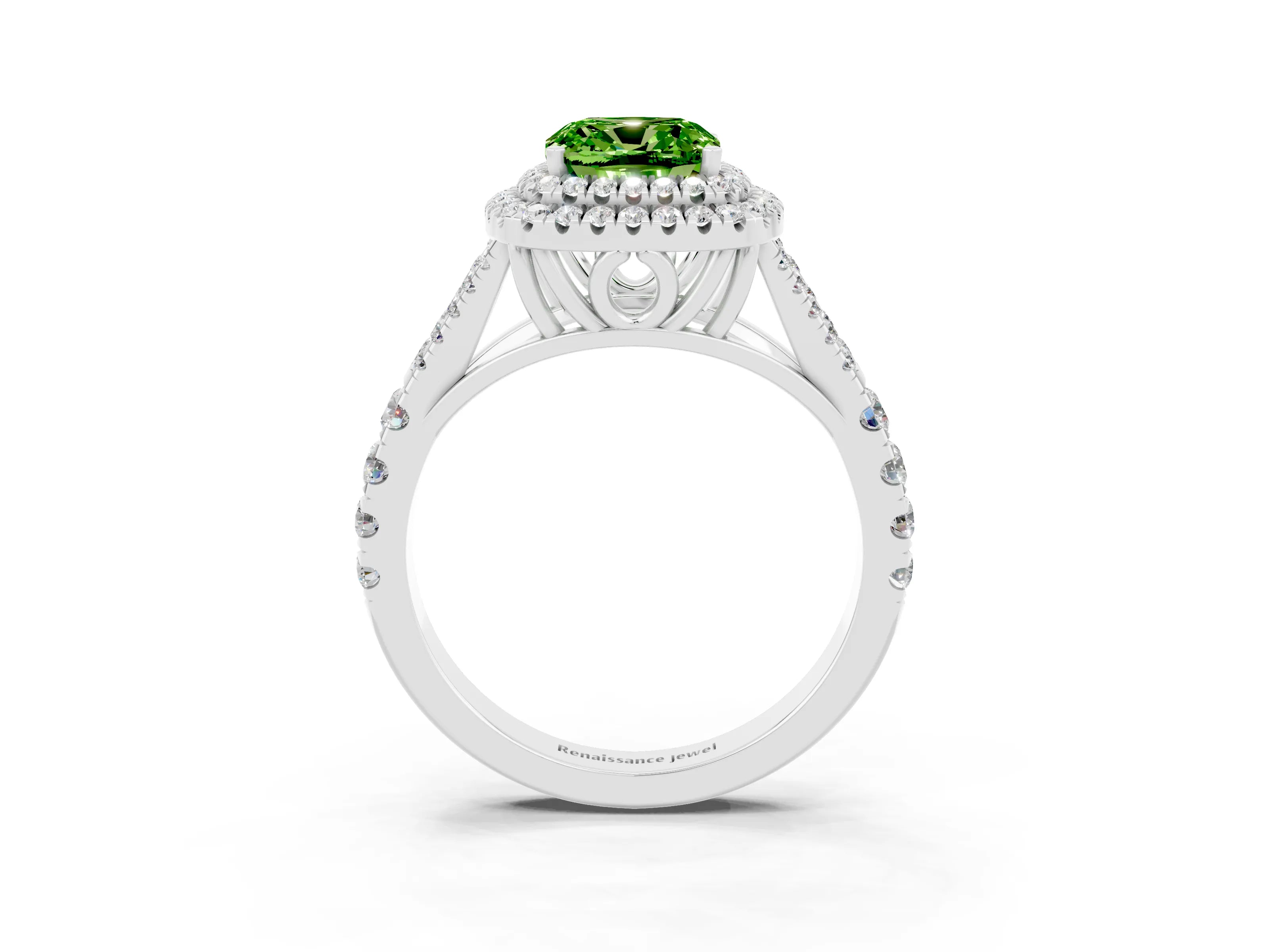 White gold Double Halo Cushion Cut Peridot Pavé Split Shank Ring with Prong Setting_3