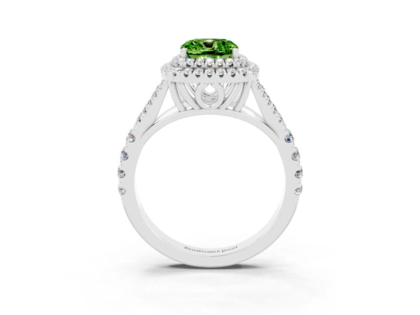 Silver Double Halo Cushion Cut Peridot Pavé Split Shank Ring with Prong Setting