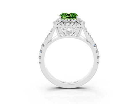 White gold Double Halo Cushion Cut Peridot Pavé Split Shank Ring with Prong Setting_3