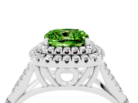White gold Double Halo Cushion Cut Peridot Pavé Split Shank Ring with Prong Setting_4