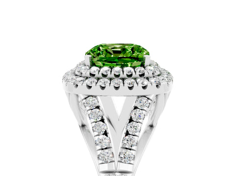 White gold Double Halo Cushion Cut Peridot Pavé Split Shank Ring with Prong Setting_5