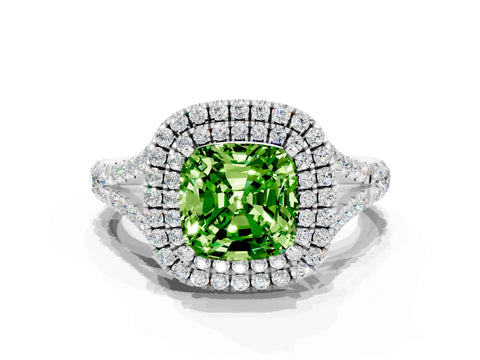 White gold Double Halo Cushion Cut Peridot Pavé Split Shank Ring with Prong Setting