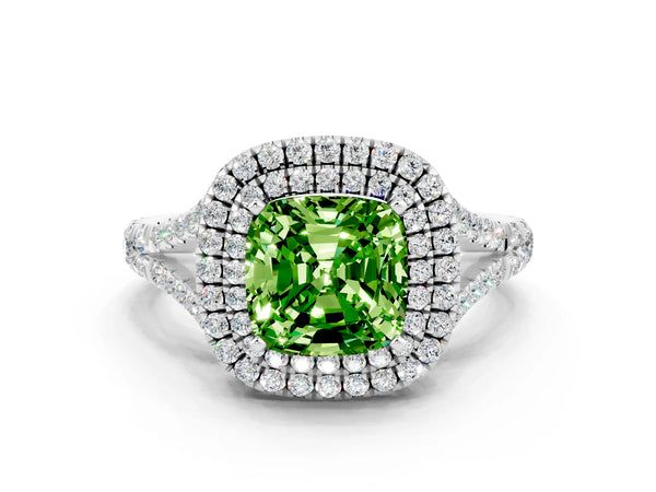 Platinum Double Halo Cushion Cut Peridot Split Shank Engagement Ring with Four-Prong Setting
