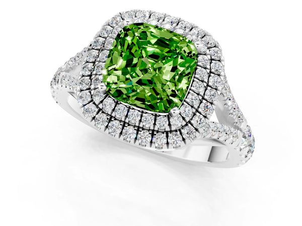Platinum Double Halo Cushion Cut Peridot Split Shank Engagement Ring with Four-Prong Setting