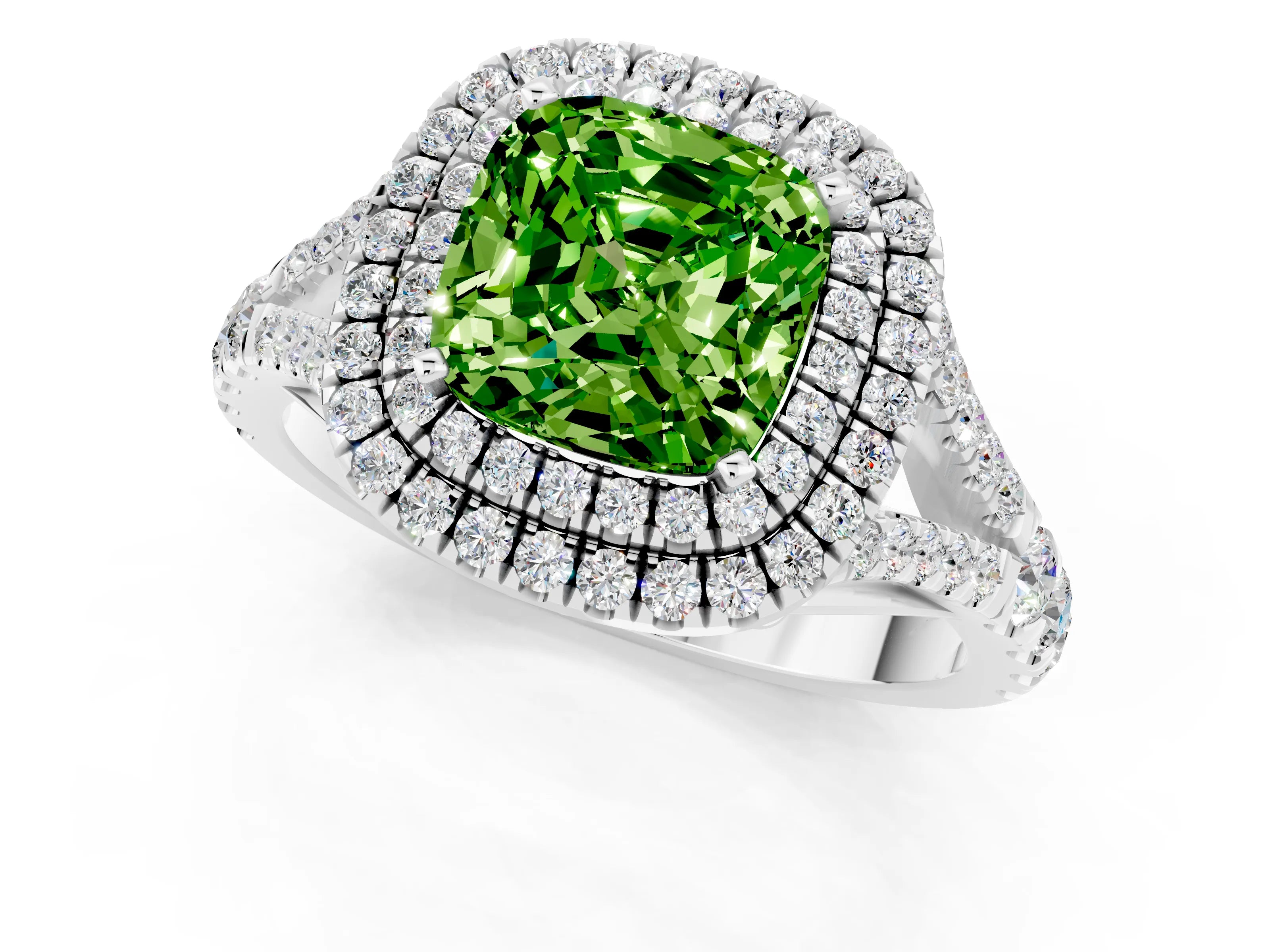 White gold Double Halo Cushion Cut Peridot Split Shank Engagement Ring with Four-Prong Setting_1