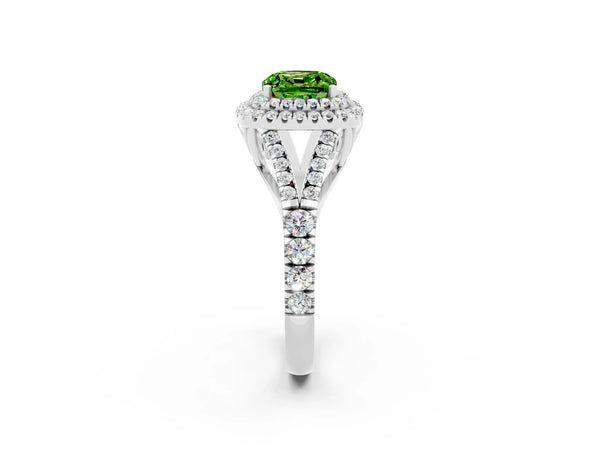 Platinum Double Halo Cushion Cut Peridot Split Shank Engagement Ring with Four-Prong Setting