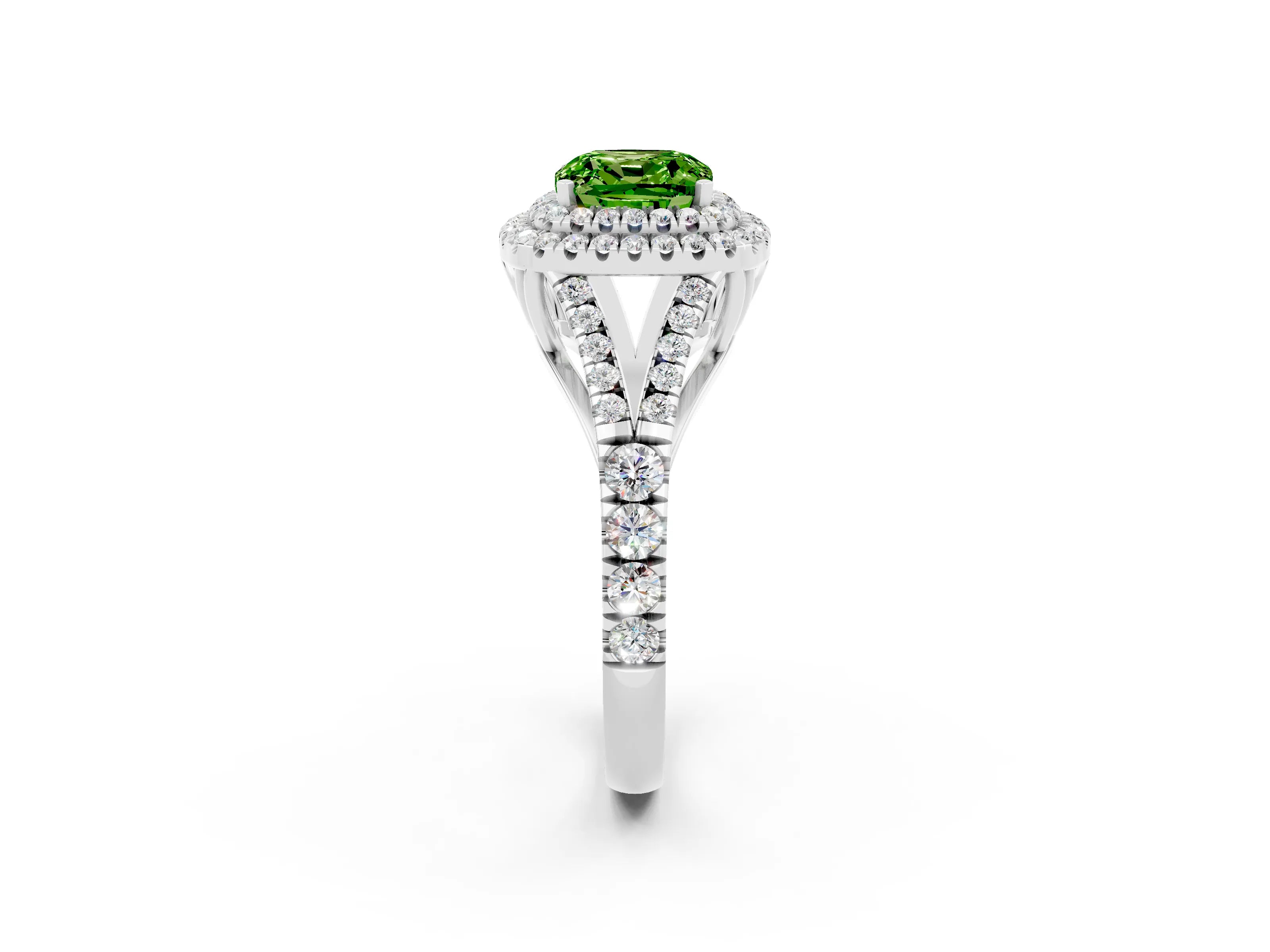 White gold Double Halo Cushion Cut Peridot Split Shank Engagement Ring with Four-Prong Setting_2