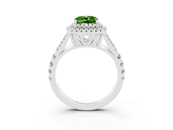 White gold Double Halo Cushion Cut Peridot Split Shank Engagement Ring with Four-Prong Setting