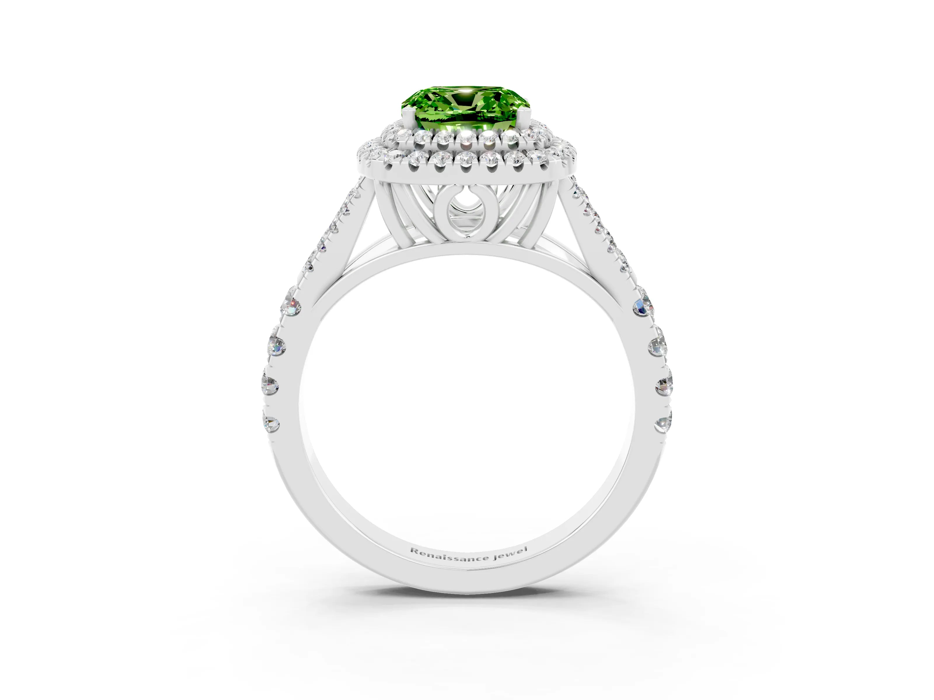 White gold Double Halo Cushion Cut Peridot Split Shank Engagement Ring with Four-Prong Setting_3